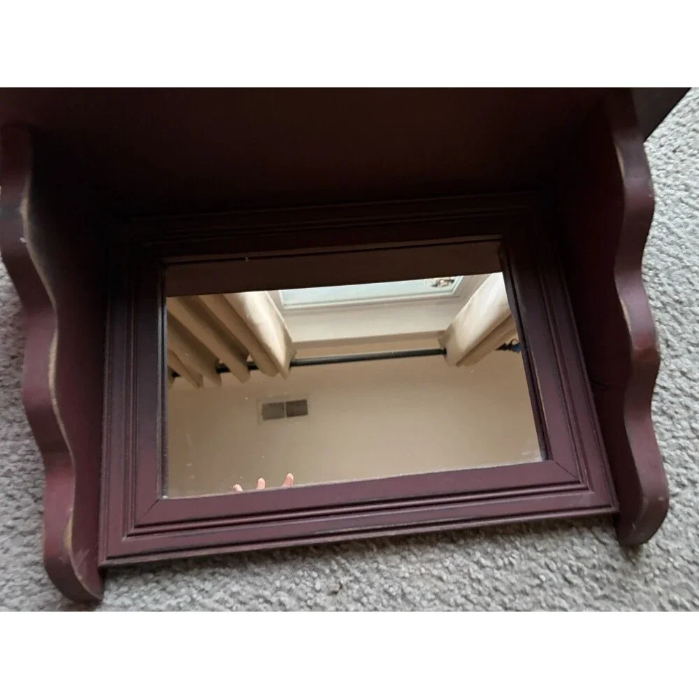 Wooden Wall Shelf W/ Mirror Cottage Core Country Burgundy